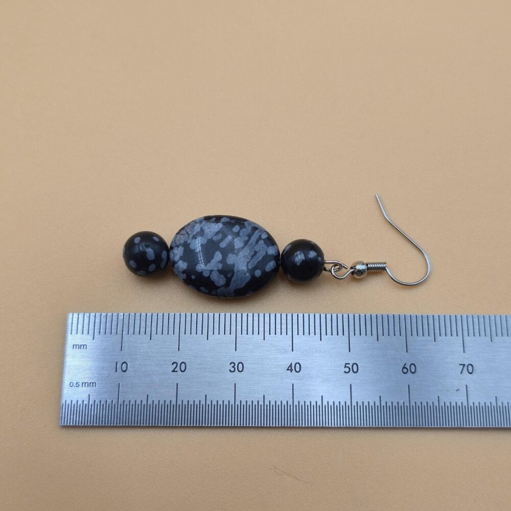 Silver Plated Over Copper Snowflake Obsidian Stone Vintage Earrings A5983 - Picture 4 of 5